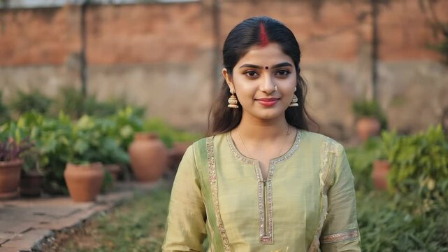 Beautiful young indian woman wearing traditional clothing and jewelry, smiling serenely in a peaceful garden with terracotta pots and lush plants, enjoying a moment of tranquility
