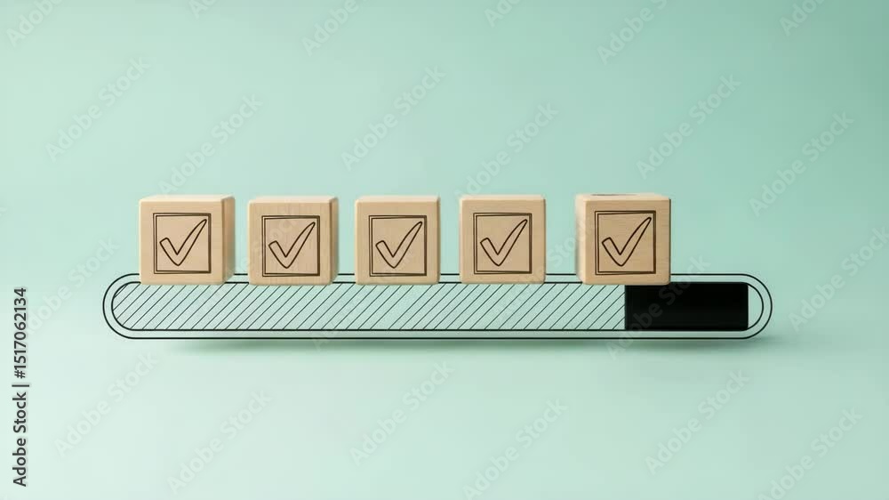 Poster Hand placing check mark block on progress bar against a light blue background, completion concept