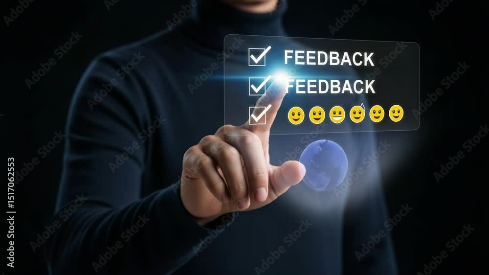Poster Person interacting with a digital feedback interface with checkmarks and emotion icons shown