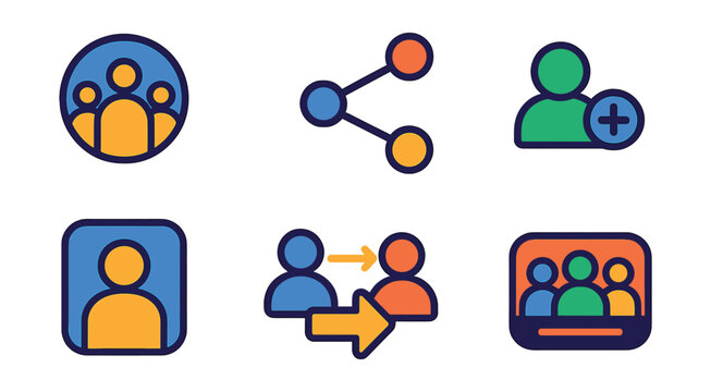 Flat vector icons of social and networking: social network icon, connection node, share button, friend request, profile view, mutual connection, follow icon, community feed.
