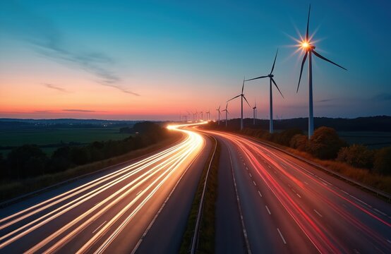 Twilight long exposure photo of highway with motion blur of vehicle lights. Wind turbines, lit infrastructure on a background. Electric power renewable energy concept.
