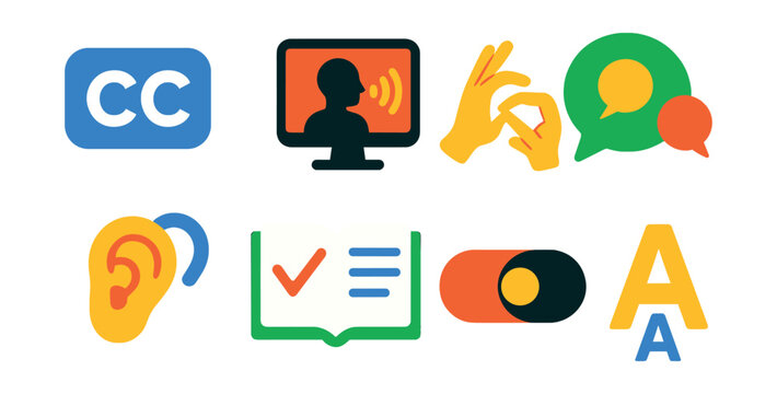 Flat vector icons of accessibility in communication: closed captions, screen reader, sign language hand, accessible chat, hearing aid icon, easy read text, contrast toggle, font size adjustment.