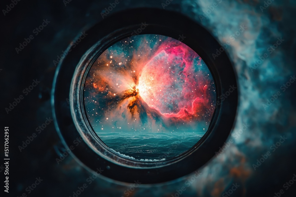 Poster porthole view blending ocean waves and a vibrant nebula, creating a surreal and captivating juxtapos