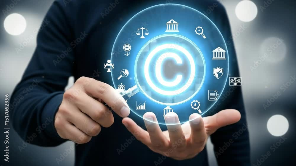 Poster a person holding a copyright symbol with a magnifying glass and icons around it in dark background