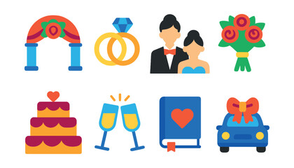 Flat vector icons of wedding services: wedding arch, rings, bride and groom, bouquet, wedding cake, champagne glasses, wedding planner book, decorated car.