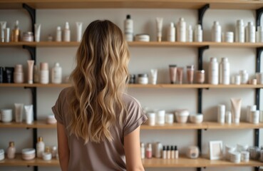 Back view of young woman looking at cosmetic products displayed on shelves in store. Female client chooses make-up, skincare goods in beauty boutique, salon. Consumerism concept.