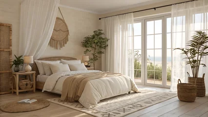 Fotobehang Boho A serene bedroom with natural light and neutral tones featuring plants  © Muhammad
