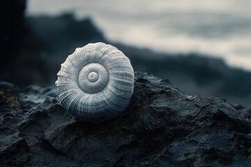 A seashell sits on a jagged, dark rock, with a blurred ocean backdrop creating a serene contrast.