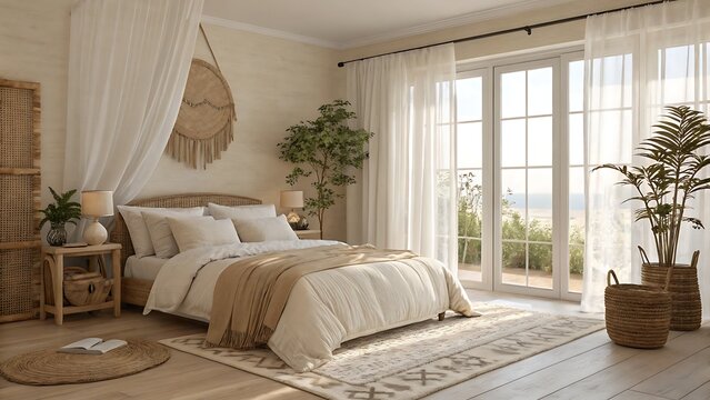 A serene bedroom with natural light and neutral tones featuring plants