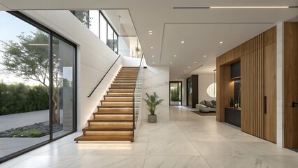 Interior of a modern house with staircase and large window to outdoors