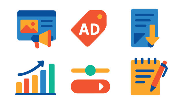 Flat vector icons of content marketing and copywriting: blog promotion icon, ad headline tag, storytelling layout, conversion-focused text, content performance bar, tone-of-voice scale,