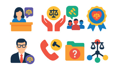 Flat vector icons of legal support and assistance: legal help desk, support hands icon, community legal aid, pro bono badge, lawyer volunteer, legal hotline, help folder, support network.