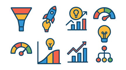 Flat vector icons of innovation metrics and KPIs: innovation funnel chart, idea-to-launch ratio, ROI of innovation icon, success rate gauge, time-to-market speedometer, innovation adoption curve,