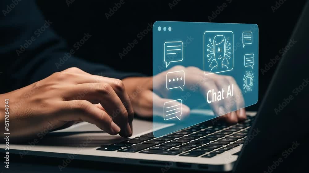 Poster Hands typing on a laptop with a chat ai interface overlayed on the screen in a dark setting