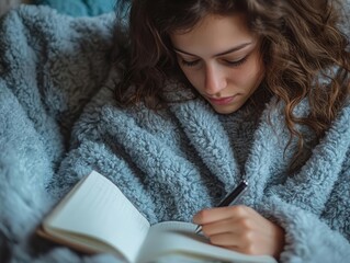 A closeup of a hand writing down coping strategies in a journal, SelfCare, Thoughtful and intimate