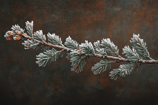 Frosty pine branch with cones, resting on a textured brown background in the winter season.