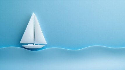 Fototapeta premium A small sailboat on a serene blue ocean. Minimalist paper art concept of summer, travel, and adventure.