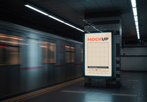 Vertical Subway Station Advertising Sign Billboard Mockup