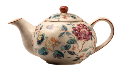 A detailed shot of an antique ceramic teapot with a beautiful floral design.