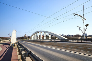 Steel structure of the bridge over the Warta River with tram tracks in Poznan