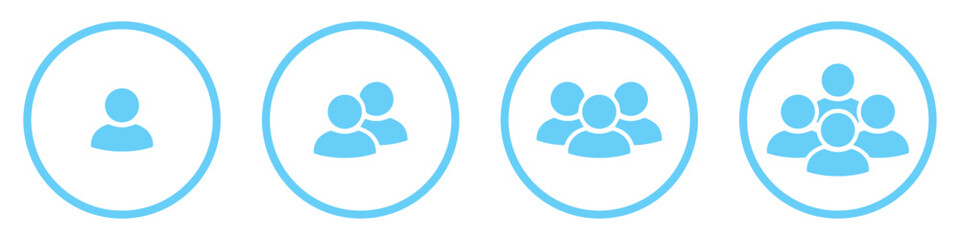 Fototapeta premium Group user icons set in blue color. People avatar symbol, teamwork, social network, community, collaboration, flat vector design, interface, profile, communication and web. Vector illustration.