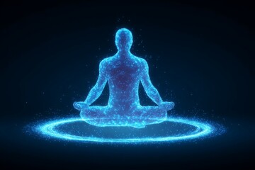 A serene figure in a meditative pose, depicted as a glowing constellation of light. The image evokes a sense of calmness and inner peace.