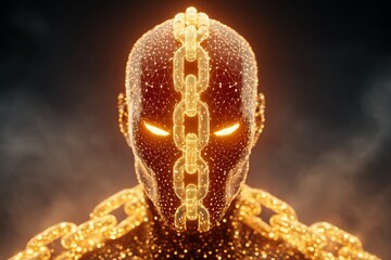 A digital rendering of a human-like figure, constructed of glowing network lines and bound by a luminous chain. The image evokes themes of confinement and digital entanglement.