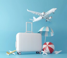 3d vector white suitcase with beach ball and airplane on blue background. Travel concept, vacation trip summer holiday journey. 