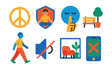 Flat vector icons of peace and quiet moments: peace symbol icon, quiet retreat badge, silent pause icon, solitude bench, mindful walk icon, noise reduction symbol, calm space icon, digital detox
