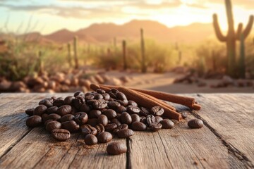 A rustic scene of coffee beans and cinnamon sticks on a wooden surface against a desert backdrop.