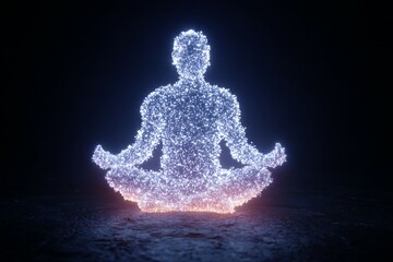 Glowing figure in a meditative pose, radiating calmness and inner peace.  A mesmerizing visual representation of serenity and mindfulness.