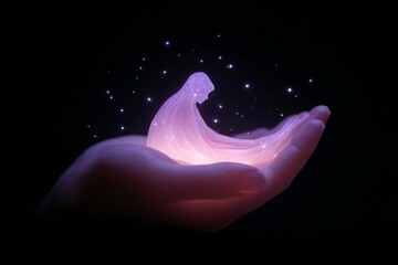 A glowing ethereal figure rests gently in a hand, surrounded by sparkling lights against a dark background.  A serene and magical image.