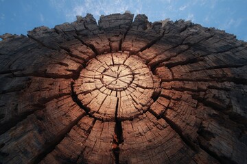 Close-up view of a weathered tree stump, showcasing the intricate rings and texture of the wood against a clear blue sky.