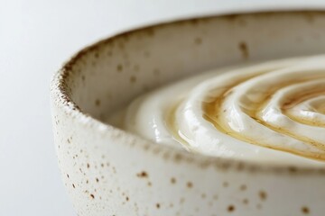 Close-up of creamy yogurt with honey drizzle in a speckled ceramic bowl, a healthy and delicious dessert.