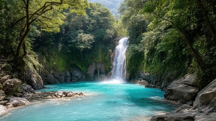 Fototapeta premium Twin waterfalls flow into a turquoise pool, surrounded by lush rainforest. Nature's serene beauty in a tropical paradise.