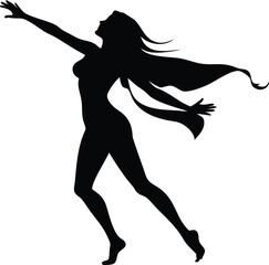 Silhouette of a Woman &mdash; Full Body Pose, Arms Outstretched, Flowing Hair, Dramatic Lighting, Minimalist Style