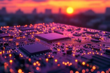 Circuit board glows with orange light against a sunset backdrop, representing technology and future.