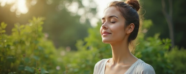 Young woman practices deep breathing mindful relaxation techniques in natural environment. Calm, healthy lifestyle. Girl enjoys meditation, yoga, balance. Outdoor activity. Morning sun. Stress relief.