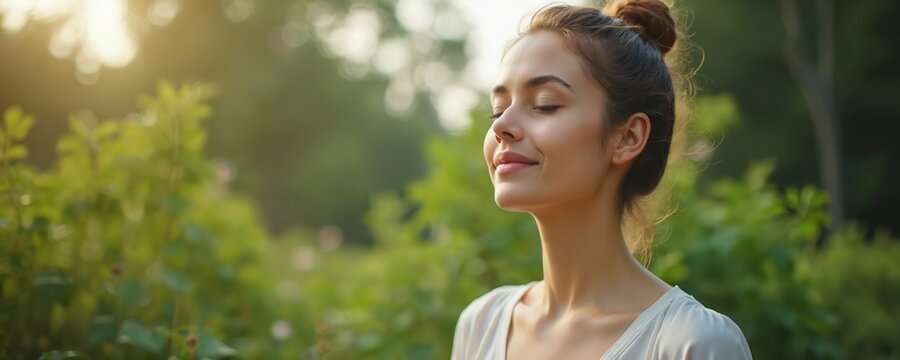 Young woman practices deep breathing mindful relaxation techniques in natural environment. Calm, healthy lifestyle. Girl enjoys meditation, yoga, balance. Outdoor activity. Morning sun. Stress relief.