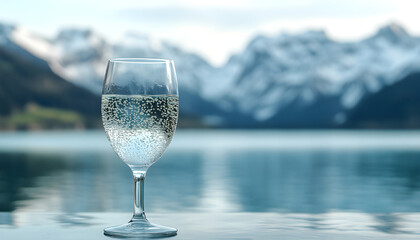 Obraz premium Glass of pouring crystal water against blurred nature snow mountain landscape background. Organic pure natural water. Healthy refreshing drink