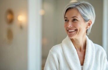 Happy, smiling, gorgeous middle aged woman in white bathrobe at spa salon. Advertisement of bodycare spa procedures, anti-age recreation treatment concept. Enjoying leisure, self-care, relaxation.