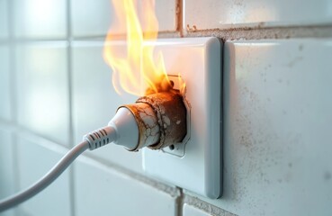 Electrical fire in a wall socket with visible flames. Burnt plug, melted plastic, dangerous situation. Home electrical hazards, short circuit problem. Fire safety, damage, risk of accident, insurance.