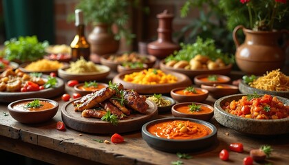 Vibrant array international cuisine on wooden table. Various dishes including soups, meats, salads, pasta, desserts. Delicious food at restaurant. Ready for catering, party.