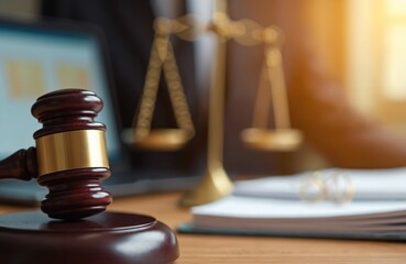 Wooden gavel, golden scales of justice near laptop, books at law office table. Concepts of legal services, advice, courtroom, judge. Lawyer work, legal online, contract, court, judgement.