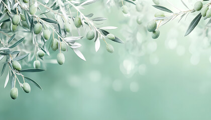 Background olive branch on a green background. green olives. olive oil. green banner. copy space