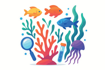 Naklejka premium Colorful drawing of fish and sea plants with a magnifying glass and a bottle