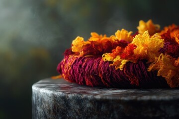 A vibrant and textured wreath of red and yellow yarn flowers rests on a weathered stone surface, evoking autumnal warmth.