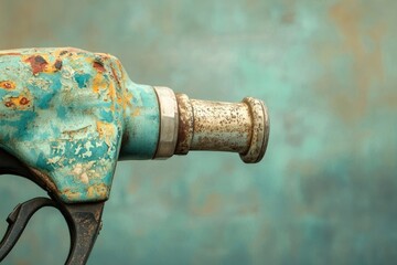 Close-up of a weathered and rusty fuel pump nozzle against a teal background.
