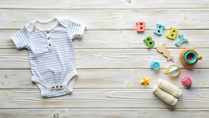 Baby Bodysuit and Toys on a White Wooden Background