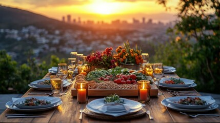 Outdoor dinner party at sunset overlooking city